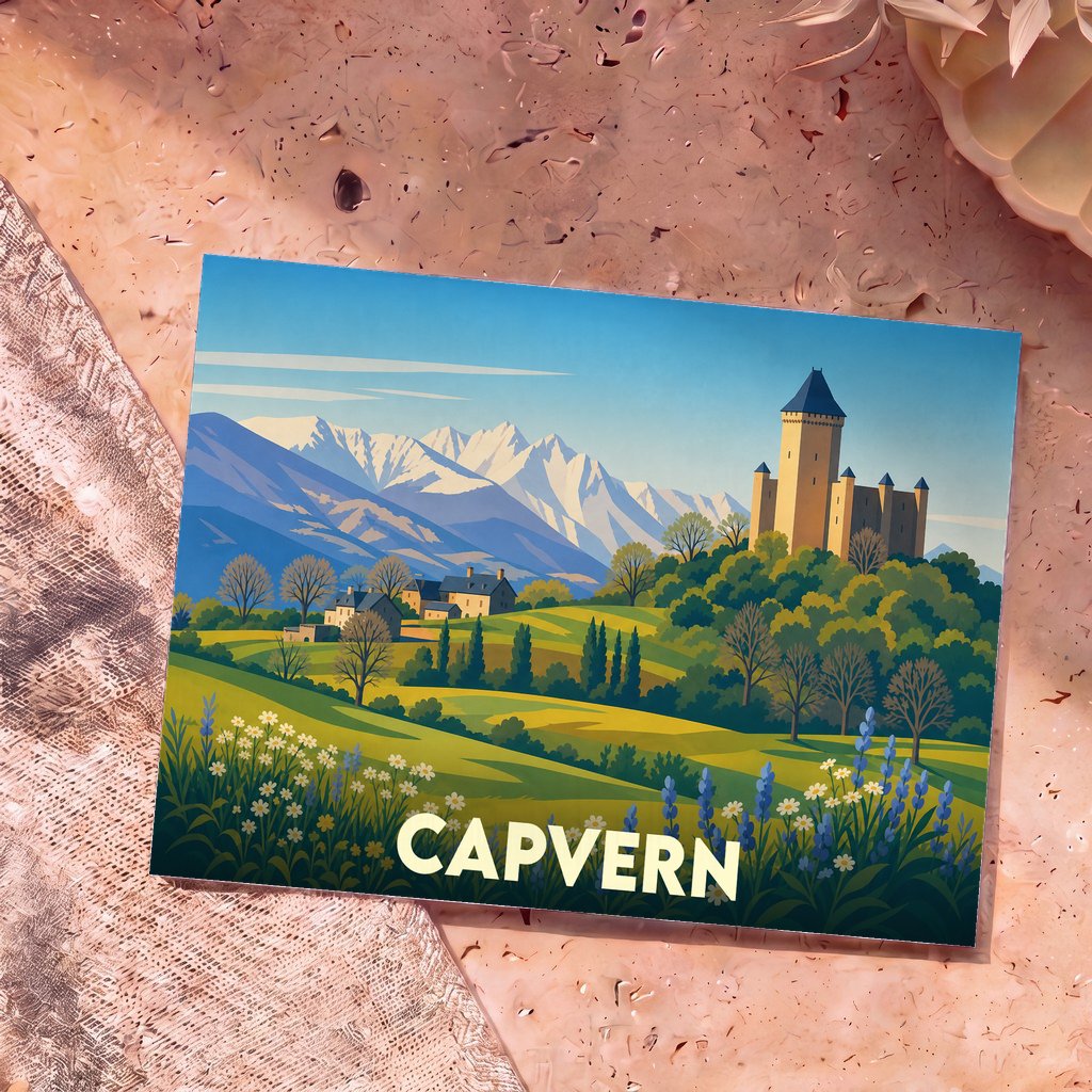 Carte postale souvenir de la ville de Capvern avec une illustration stylisée d'un château et de montagnes enneigées.