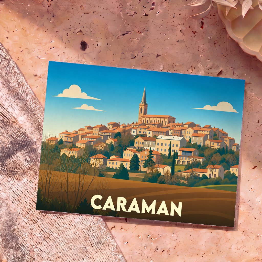 Carte postale souvenir de la ville de Caraman avec une illustration stylisée d'un village perché.