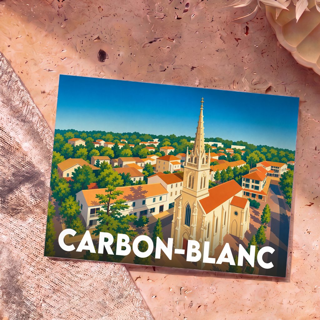 Carte postale souvenir de la ville de Carbon-Blanc avec une illustration stylisée montrant son église et ses toits orangés.