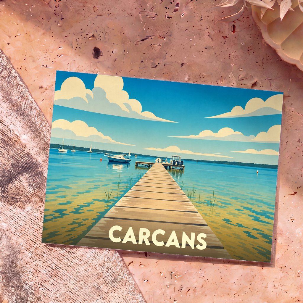 Carte postale souvenir de la ville de Carcans avec une illustration stylisée d'un ponton sur le lac.