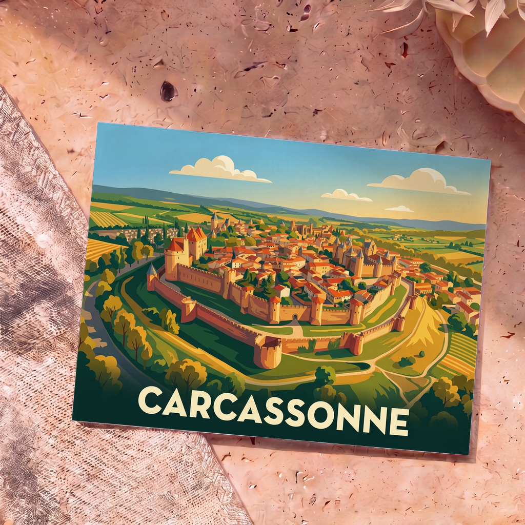 Carte postale souvenir de la ville de Carcassonne avec une illustration stylisée des remparts de la cité médiévale.