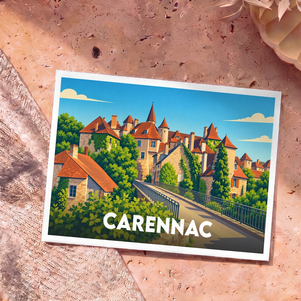 Carte postale souvenir de la ville de Carennac avec une illustration stylisée de ses maisons médiévales et d'un pont.