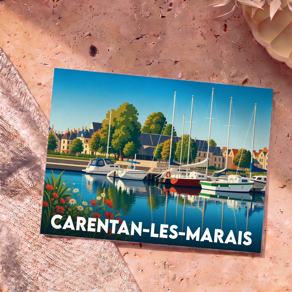 Carte postale souvenir de Carentan-les-Marais illustrant son port de plaisance dans un style graphique et coloré.