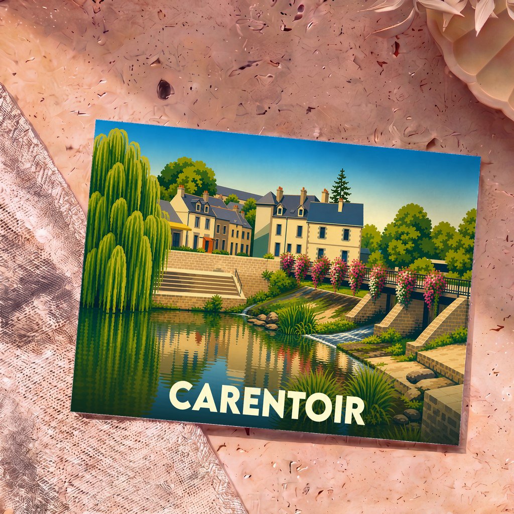 Carte postale souvenir de la ville de Carentoir avec une illustration stylisée d'un bord de rivière fleuri.