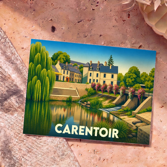 Carte postale souvenir de la ville de Carentoir avec une illustration stylisée d'un bord de rivière fleuri.