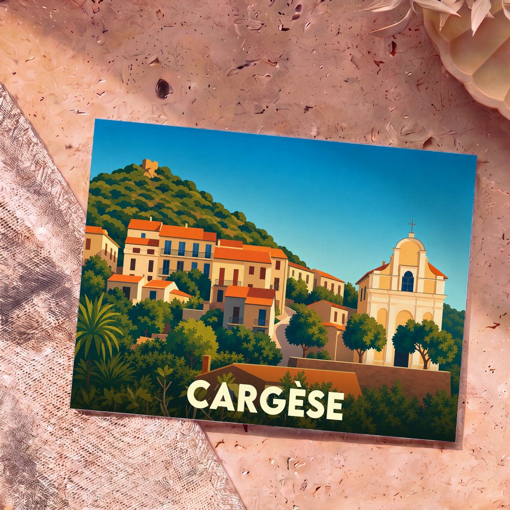 Carte postale souvenir de la ville de Cargèse illustrant son église et ses maisons colorées dans un style graphique épuré.