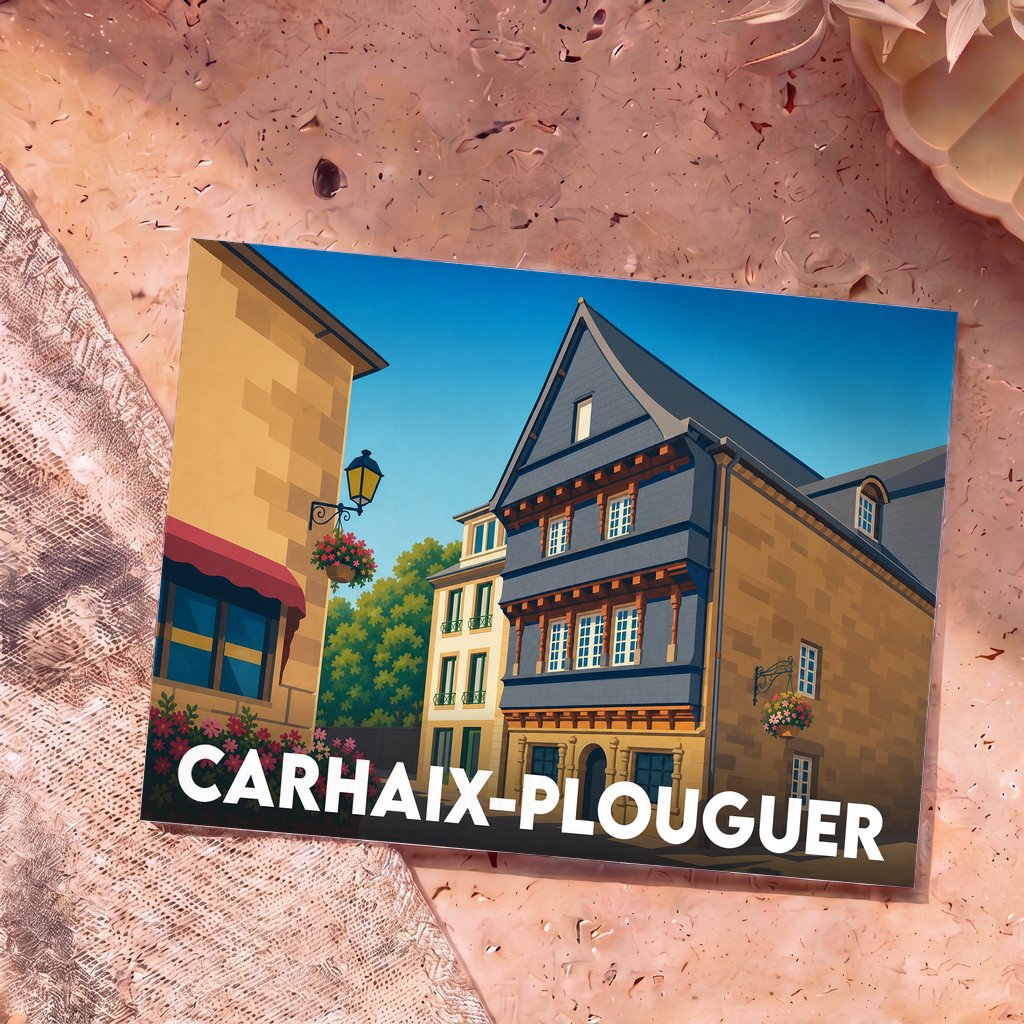 Carte postale souvenir de la ville de Carhaix-Plouguer avec une illustration stylisée d'une maison médiévale.