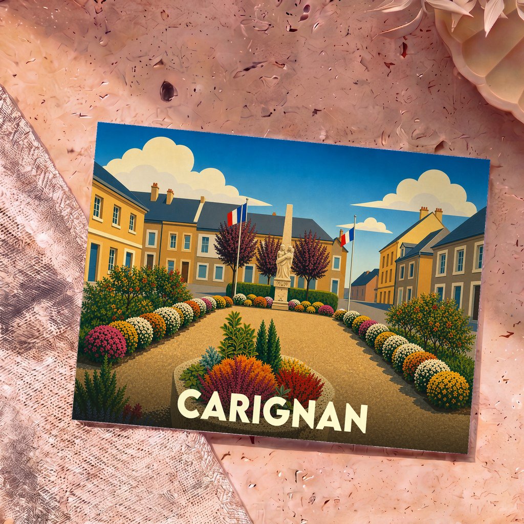 Carte postale souvenir de la ville de Carignan avec une illustration stylisée et colorée de sa place centrale fleurie.