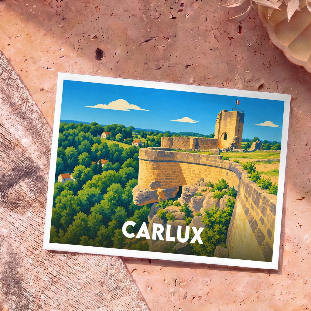 Carte postale souvenir de la ville de Carlux avec une illustration stylisée d'un château médiéval surplombant une vallée verdoyante.