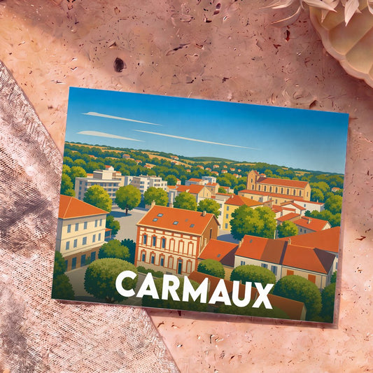 Carte postale souvenir de la ville de Carmaux avec une illustration stylisée et colorée.