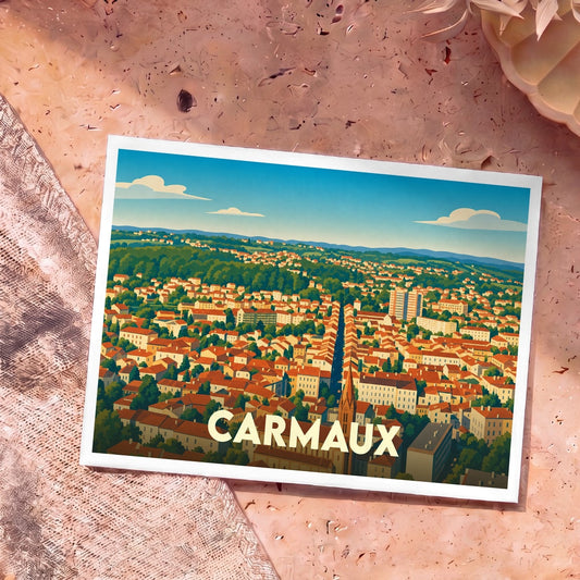 Carte postale souvenir de la ville de Carmaux avec une illustration stylisée et colorée vue du ciel.