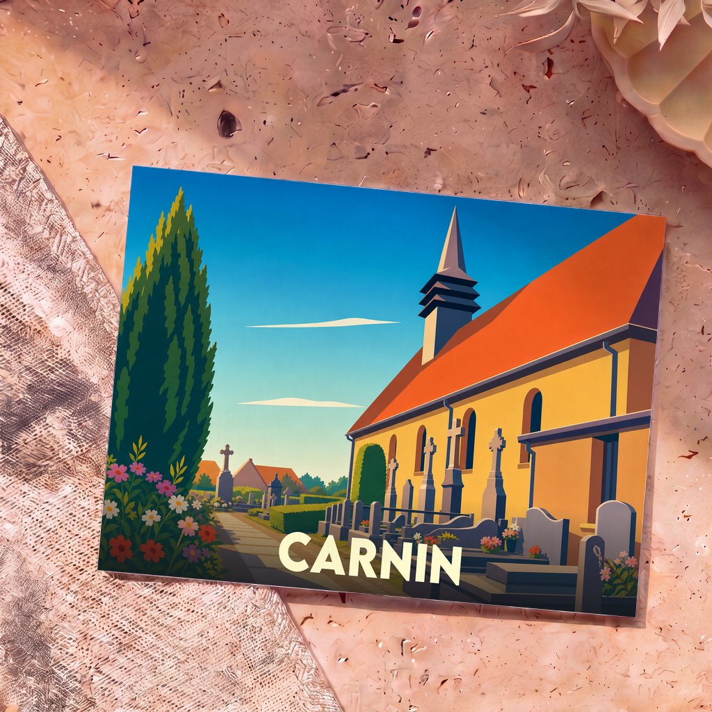 Carte postale souvenir de la ville de Carnin avec une illustration stylisée de son église et de son cimetière.