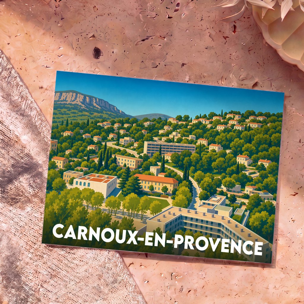 Carte postale souvenir de la ville de Carnoux-en-Provence avec une illustration stylisée et colorée.