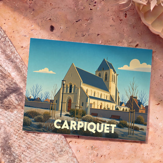 Carte postale souvenir de la ville de Carpiquet avec une illustration stylisée de son église.