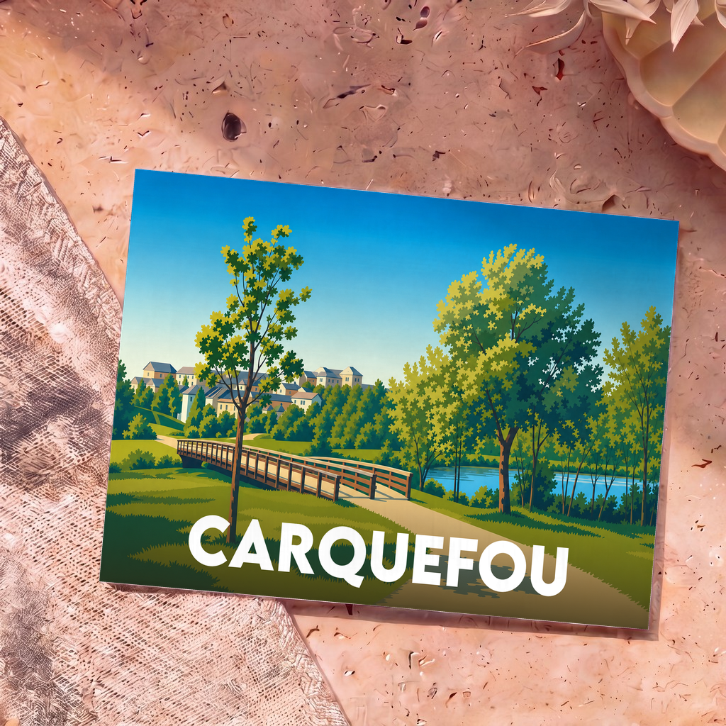 Carte postale souvenir de la ville de Carquefou arborant une illustration stylisée d'un parc avec un pont en bois.