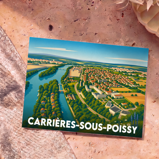Carte postale souvenir de la ville de Carrières-sous-Poissy avec une illustration aérienne stylisée.