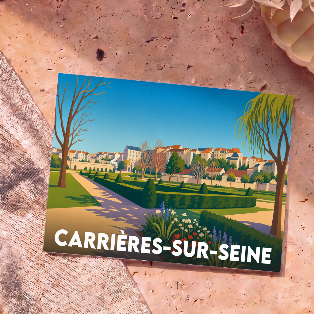 Carte postale souvenir de la ville de Carrières-sur-Seine avec une illustration stylisée de ses jardins et de son architecture.