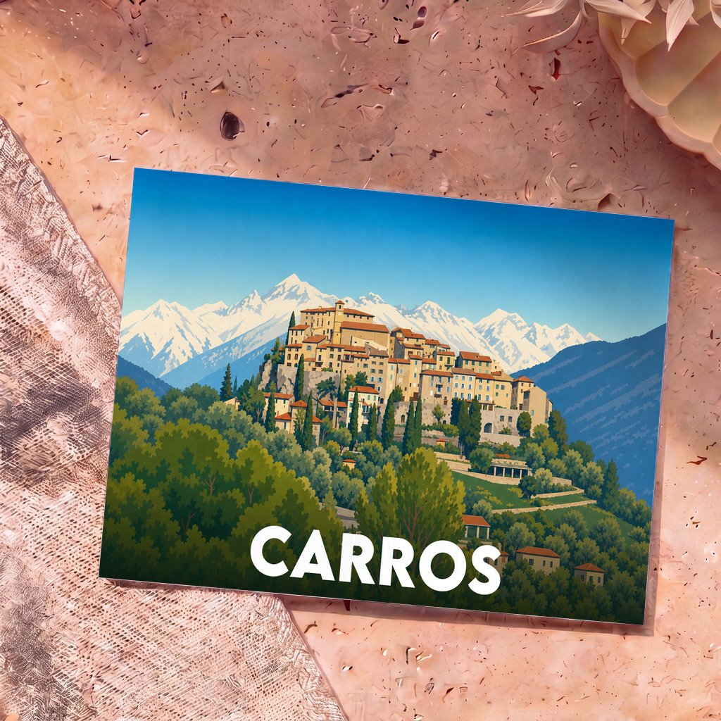 Carte postale souvenir de la ville de Carros illustrant son village perché devant des montagnes enneigées.