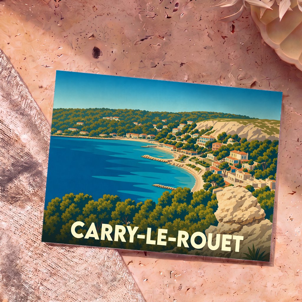 Carte postale souvenir de la ville de Carry-le-Rouet avec une illustration stylisée de son littoral méditerranéen.