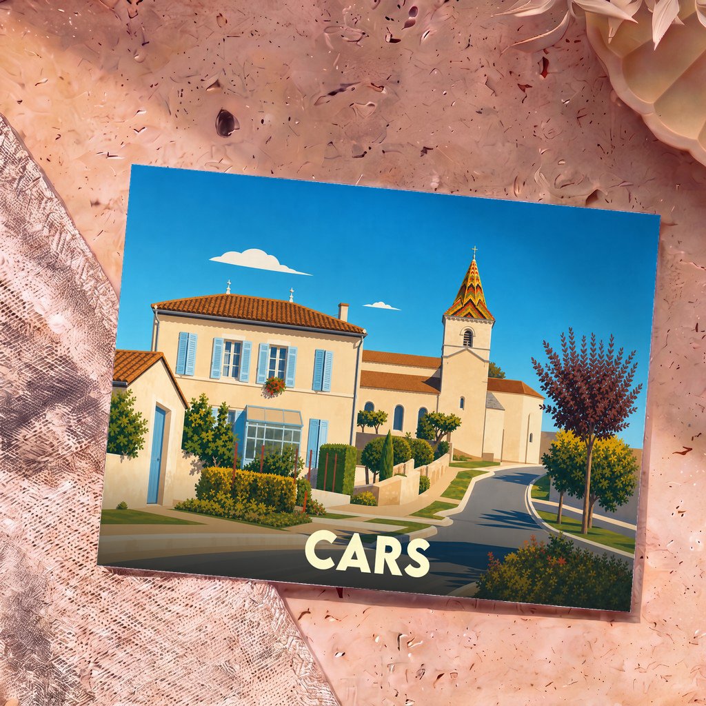 Carte postale souvenir de la ville de Cars avec une illustration stylisée d'un village ensoleillé.