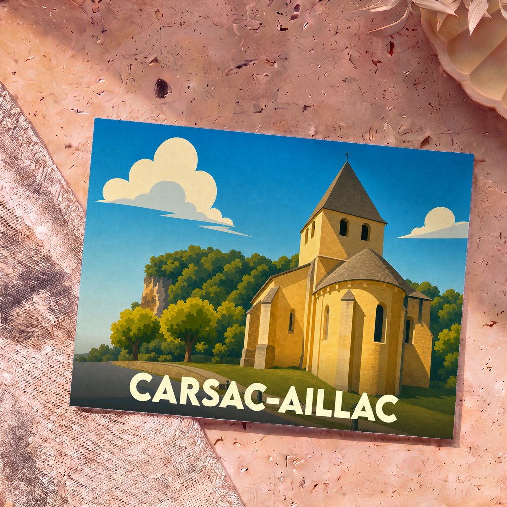 Carte postale souvenir de la ville de Carsac-Aillac illustrant une église romane dans un style graphique épuré.