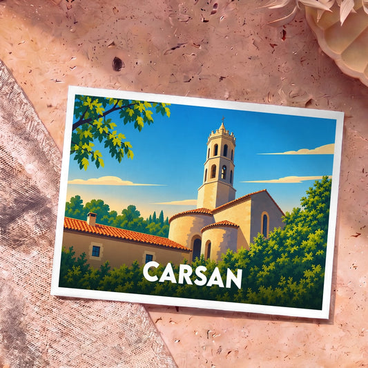 Carte postale souvenir de la ville de Carsan avec une illustration stylisée d'une église provençale.