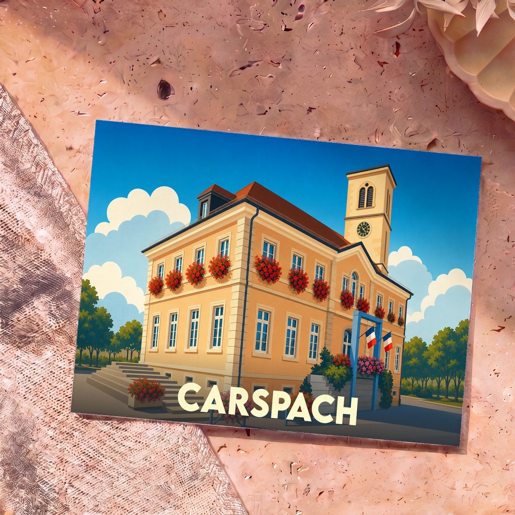Carte postale souvenir de la ville de Carspach avec une illustration stylisée de sa mairie fleurie.