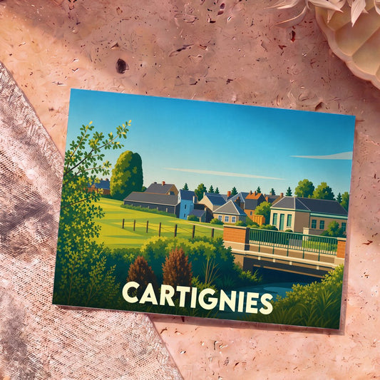 Carte postale souvenir de la ville de Cartignies avec une illustration stylisée.