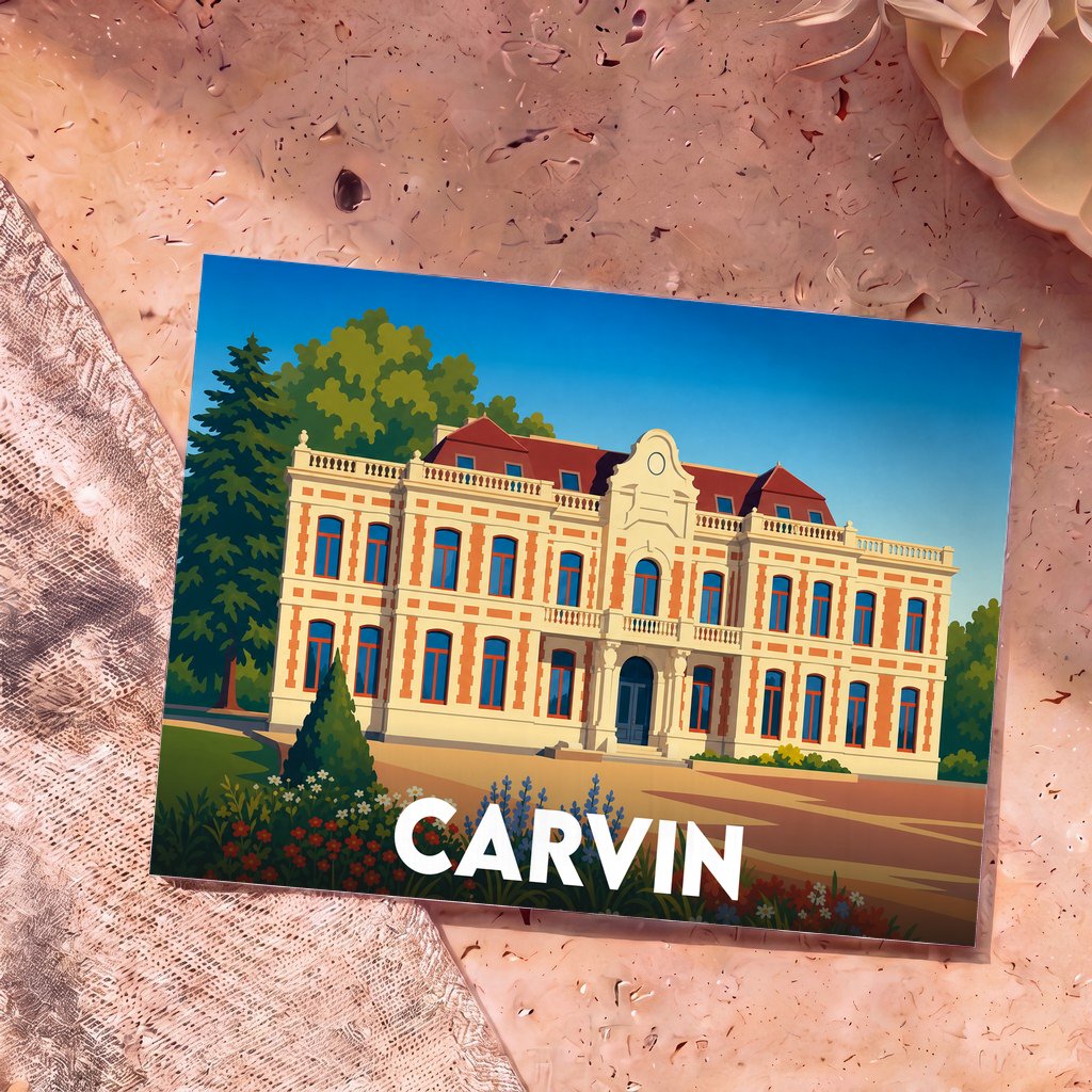 Carte postale souvenir de la ville de Carvin avec une illustration stylisée de son hôtel de ville.