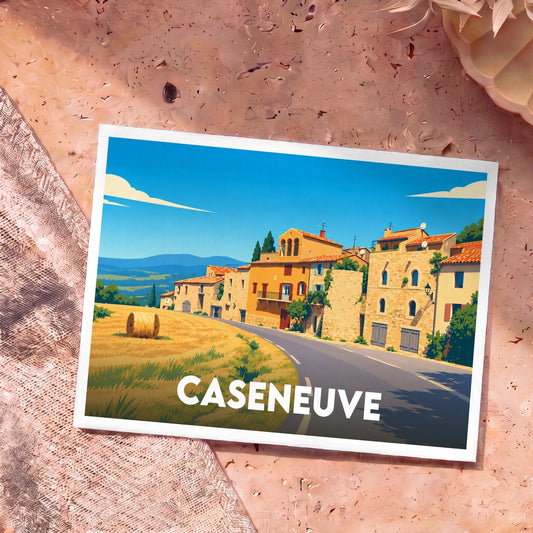 Carte postale souvenir de la ville de Caseneuve avec une illustration stylisée d'un village provençal.