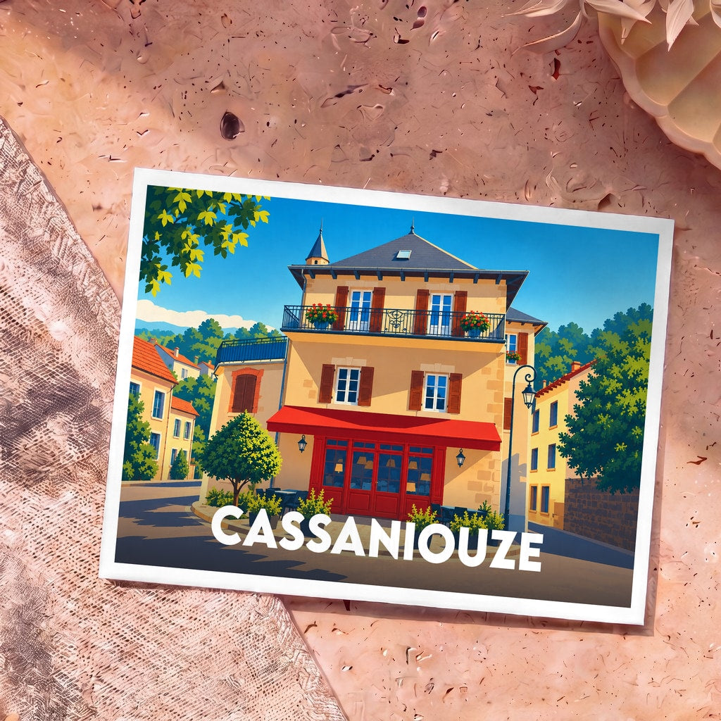 Carte postale souvenir de la ville de Cassaniouze illustrant une auberge typique sous un ciel bleu.