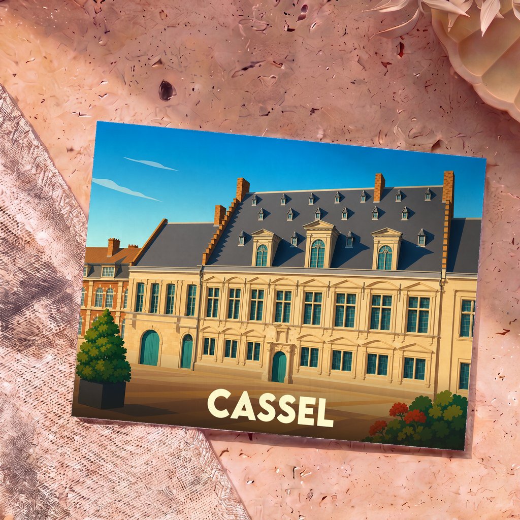 Carte postale souvenir de la ville de Cassel avec une illustration stylisée de l'Hôtel de la Noble Cour.