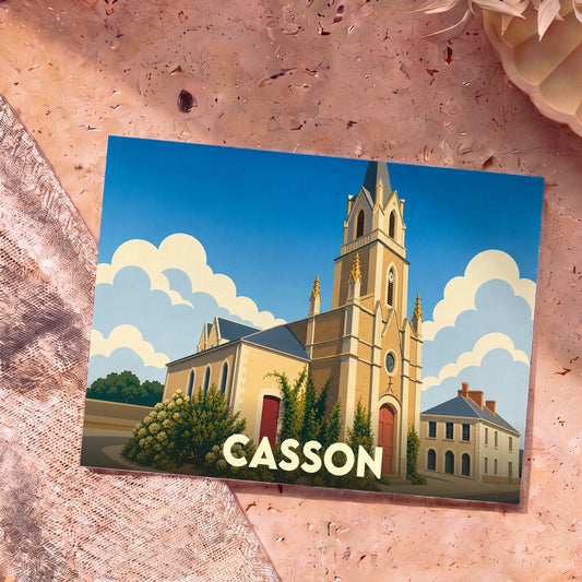 Carte postale souvenir de la ville de Casson illustrant son église dans un style graphique épuré.