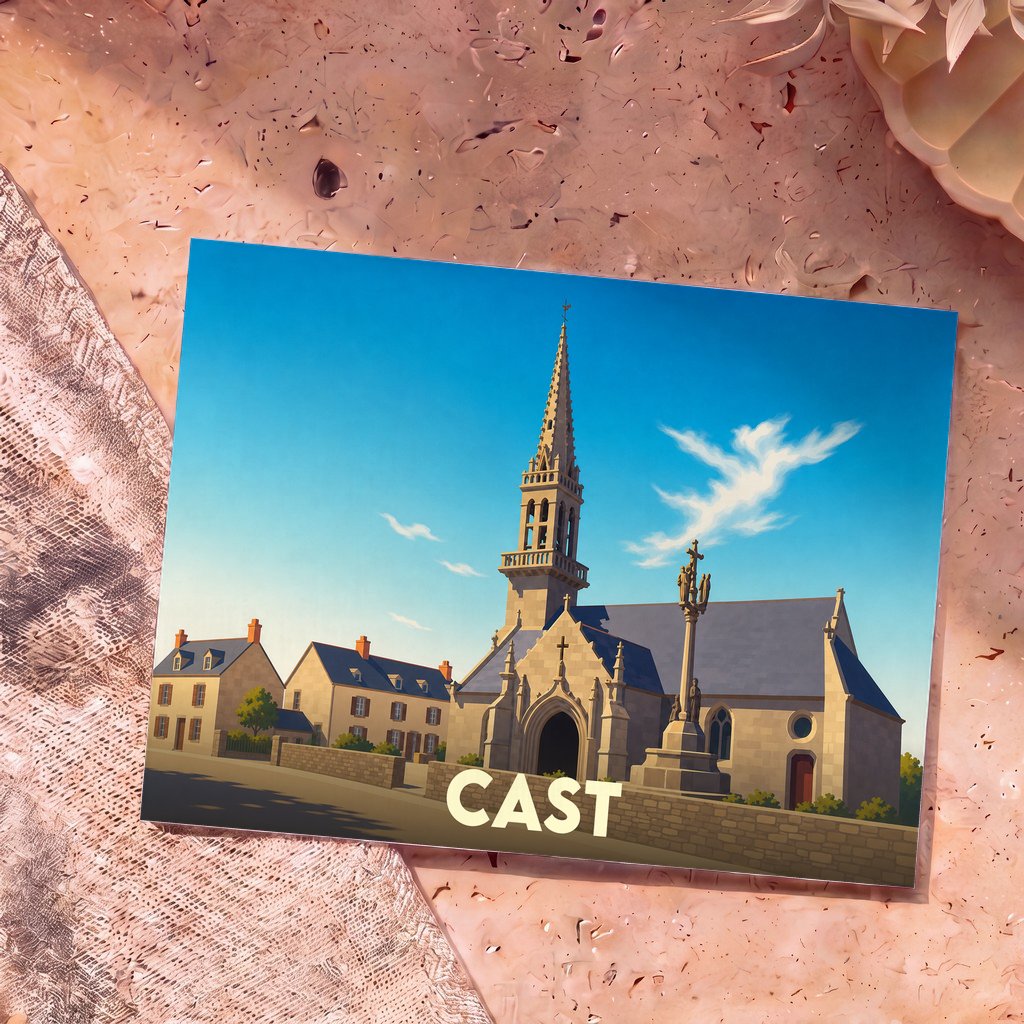Carte postale souvenir de la ville de Cast avec une illustration stylisée de son église.