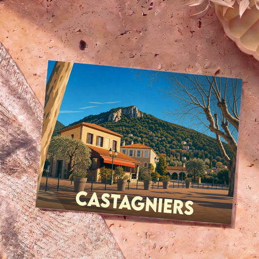 Carte postale souvenir de la ville de Castagniers avec une illustration stylisée d'un village provençal au pied d'une montagne.