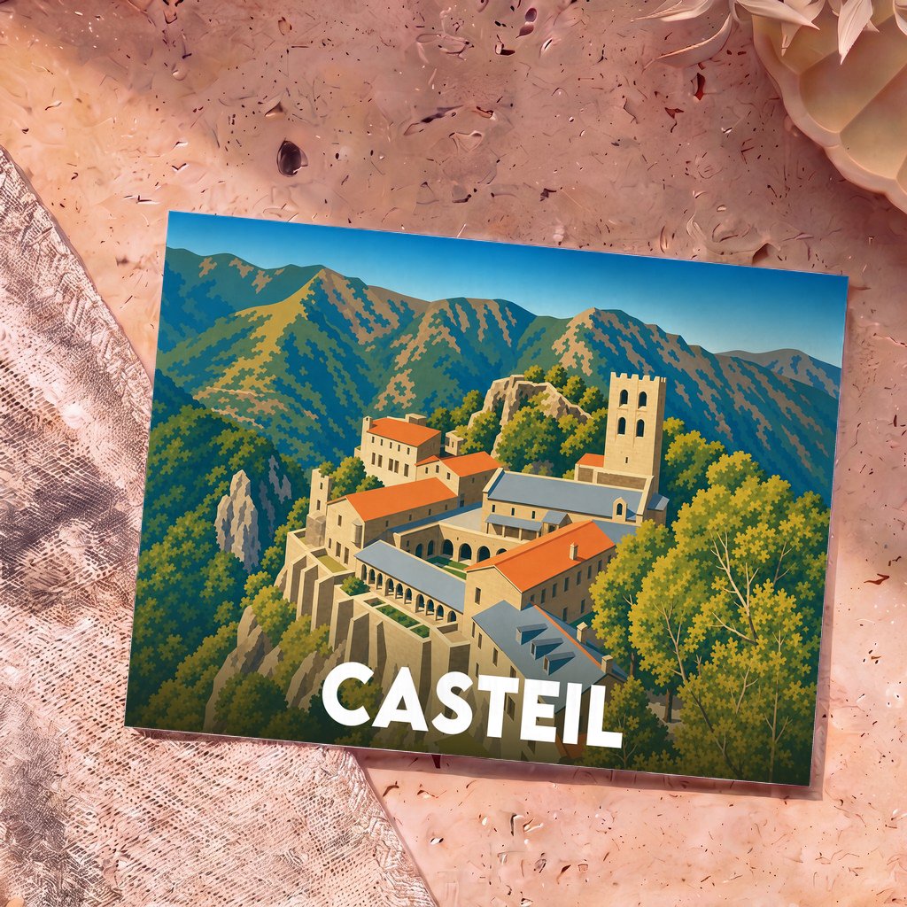 Carte postale souvenir de la ville de Casteil illustrant l'abbaye Saint-Martin du Canigou dans un style graphique épuré.