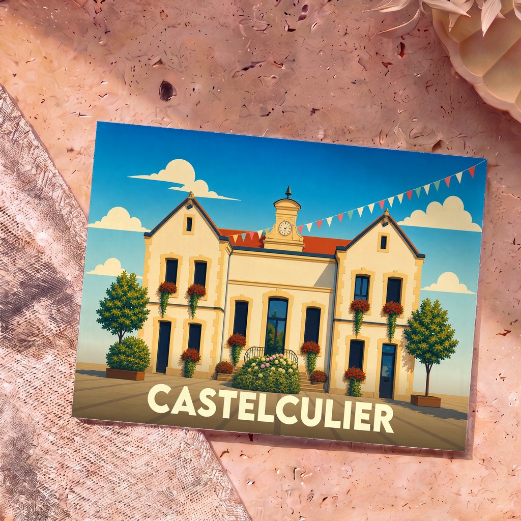 Carte postale souvenir de la ville de Castelculier avec une illustration stylisée de sa mairie fleurie.