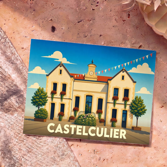 Carte postale souvenir de la ville de Castelculier avec une illustration stylisée de sa mairie fleurie.