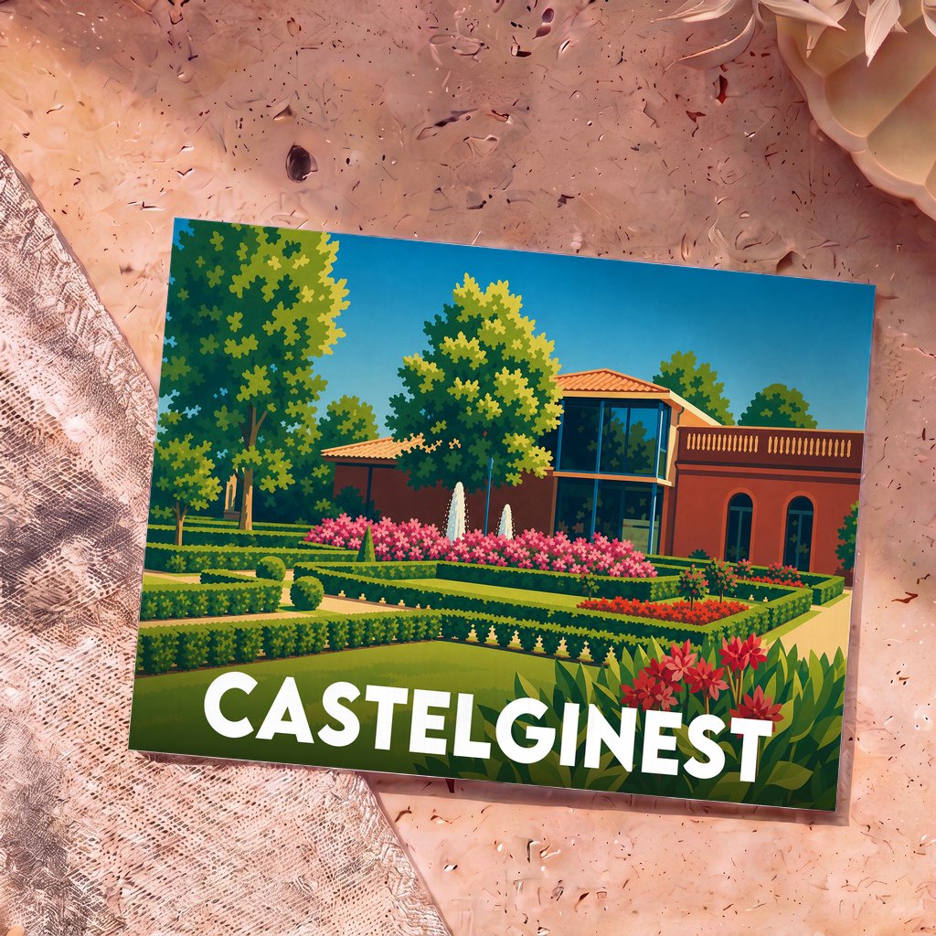 Carte postale souvenir de la ville de Castelginest illustrant un jardin paysager et une architecture élégante dans un style graphique épuré.