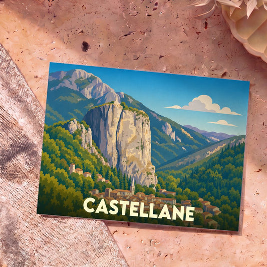 Carte postale souvenir de la ville de Castellane avec une illustration stylisée de son célèbre rocher surplombant le village.