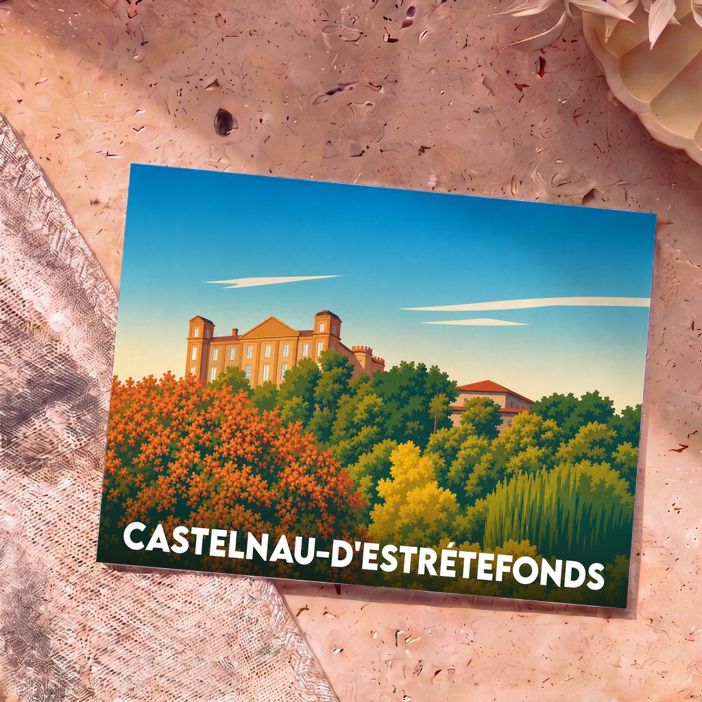 Carte postale souvenir de la ville de Castelnau-d'Estrétefonds avec une illustration stylisée de son château et de sa végétation.