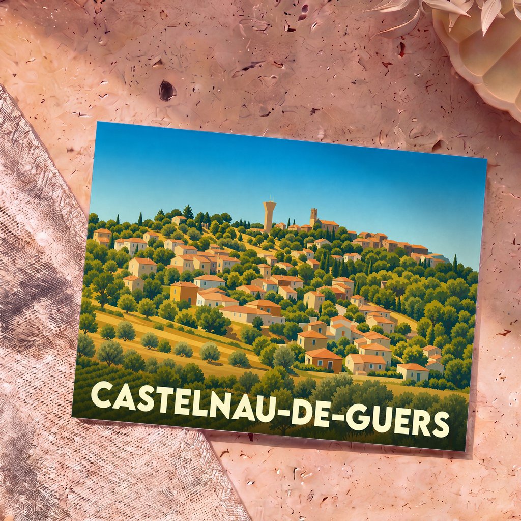 Carte postale souvenir de Castelnau-de-Guers avec une illustration stylisée du village perché sur une colline arborée.