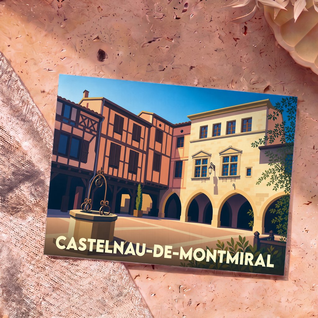 Carte postale souvenir de la ville de Castelnau-de-Montmiral avec une illustration stylisée de sa place centrale.
