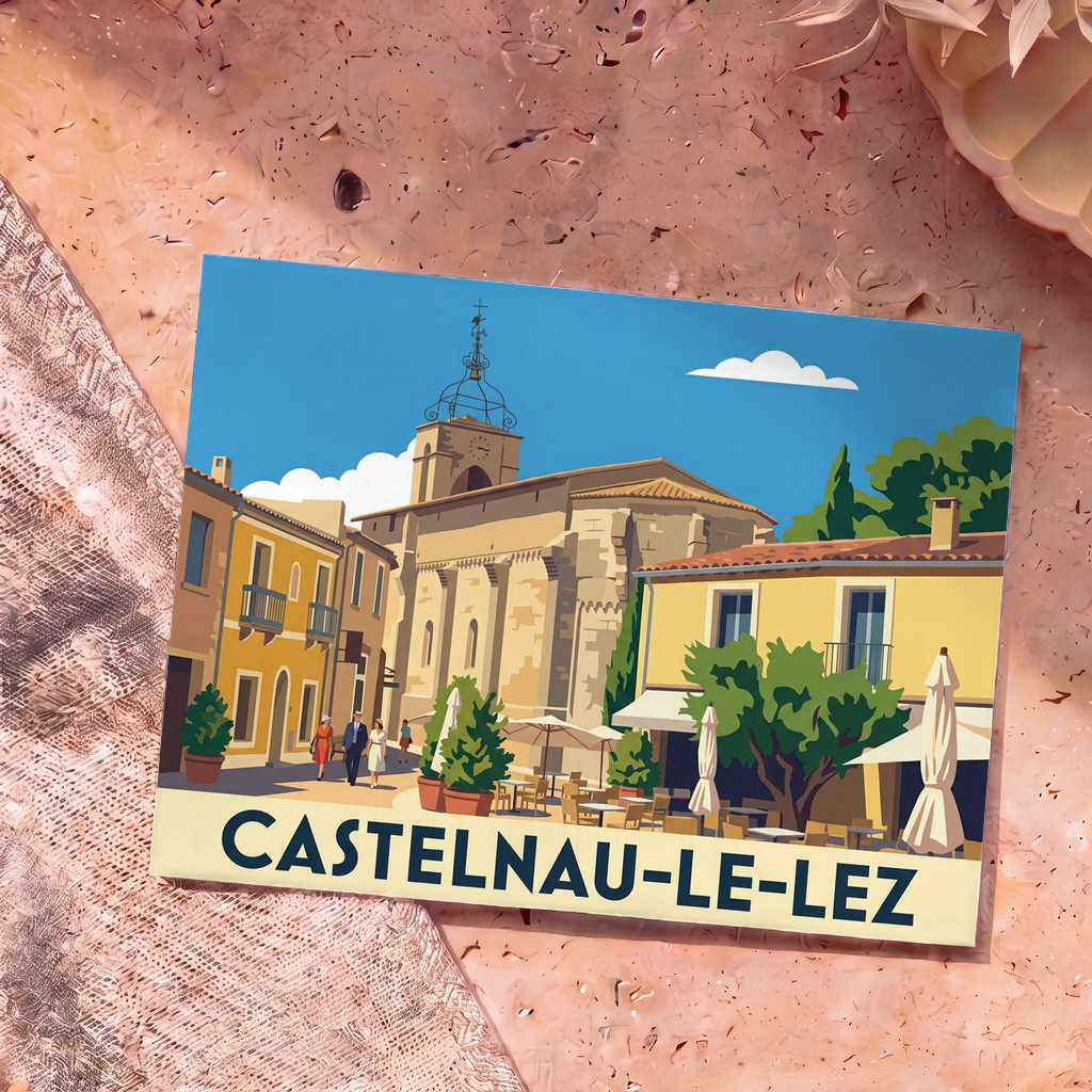 Carte postale souvenir de la ville de Castelnau-le-Lez avec une illustration stylisée de son centre historique.