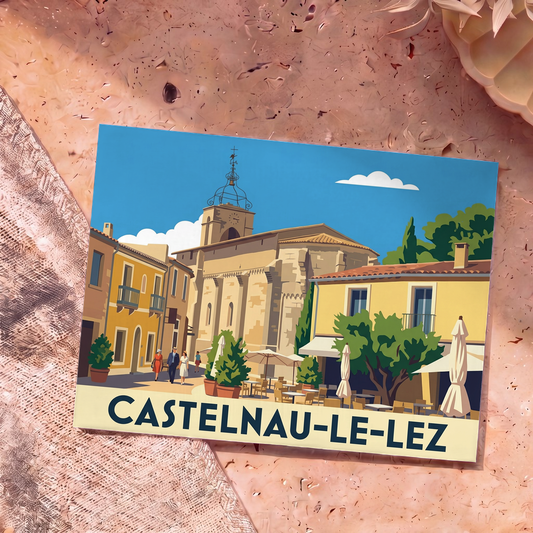 Carte postale souvenir de la ville de Castelnau-le-Lez avec une illustration stylisée de son centre historique.