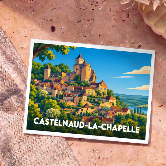 Carte postale souvenir de Castelnaud-la-Chapelle avec une illustration colorée de son château médiéval surplombant le village.