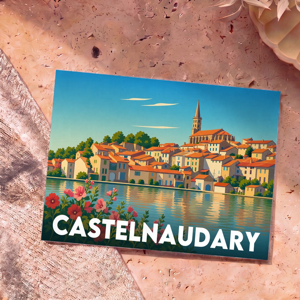 Carte postale souvenir de la ville de Castelnaudary avec une illustration stylisée.