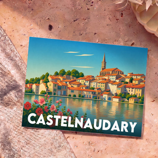 Carte postale souvenir de la ville de Castelnaudary avec une illustration stylisée.