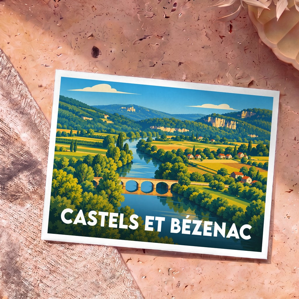 Carte postale souvenir de Castels et Bézenac illustrant un paysage de vallée verdoyante avec une rivière et un pont.