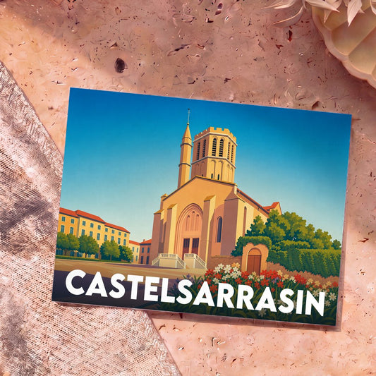 Carte postale souvenir de la ville de Castelsarrasin avec une illustration stylisée de son église Saint-Sauveur.
